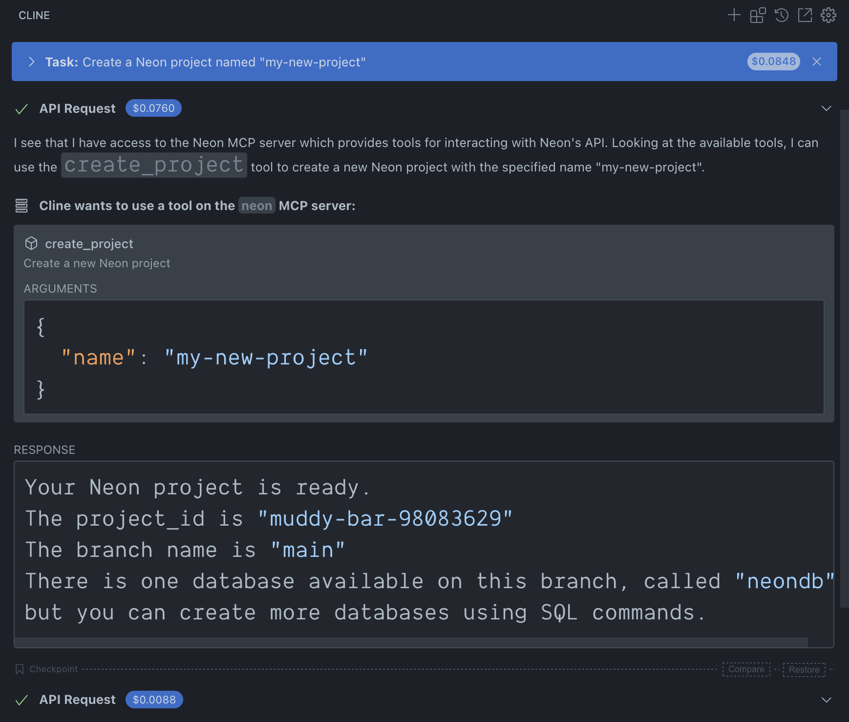 Cline creating a new Neon project